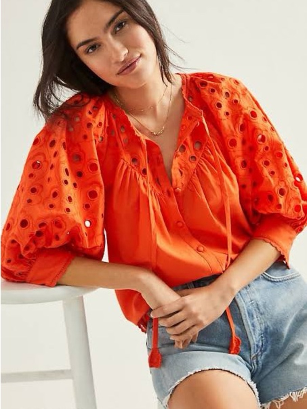 Anthropologie Chantal Eyelet Puff-Sleeve Blouse with Crochet Trim